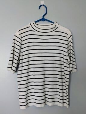 Talbot XL Striped Short Sleeve Spring Sweater in White and Deep Navy.